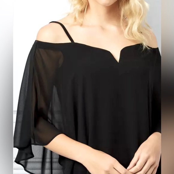 Sz XS Le Chateau Women Chiffon Off-the-Shoulder Cape Dress black - Picture 4 of 12